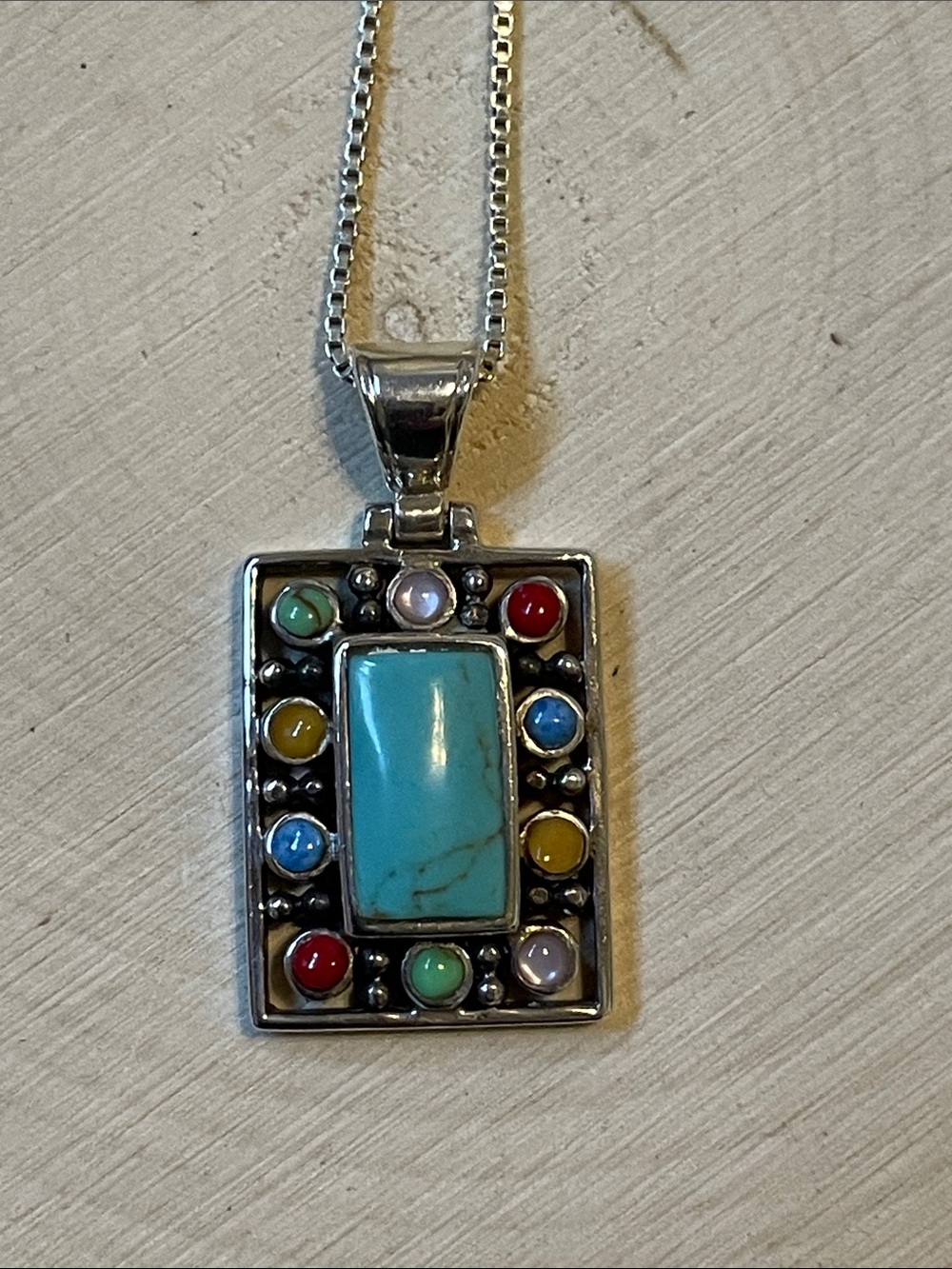 Sterling Silver Turquoise Multi-Stone Rectangular Pendant Necklace